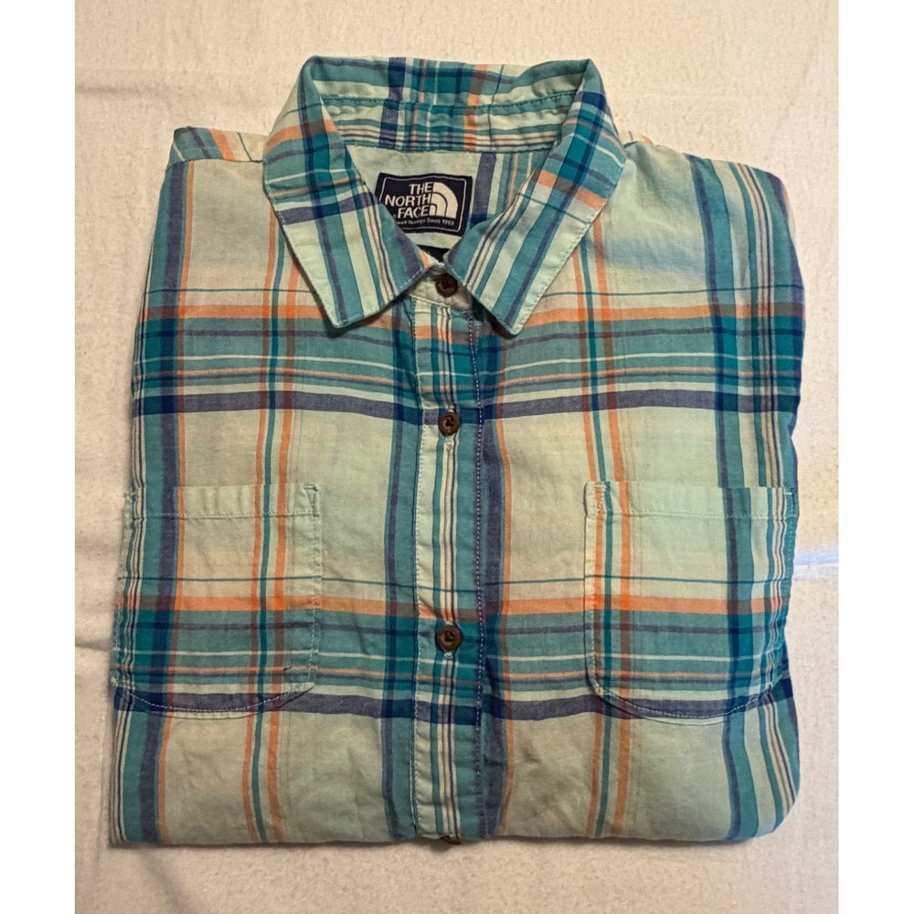The North Face Womens XL Plaid Button Down Shirt Teal Orange Long Sleeve Hiking
